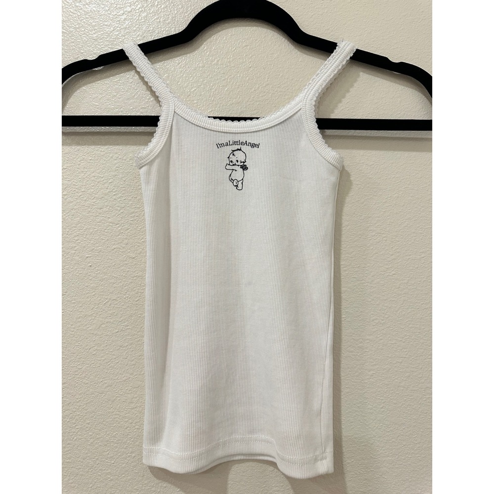 Y2K John Galt Brandy Melville White Ribbed Angel Graphic Tank Top Lace Trim XS